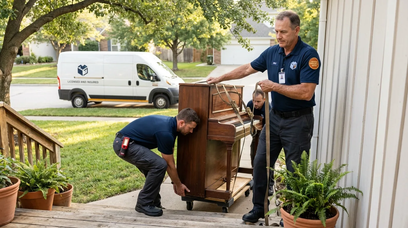 Licensed piano movers securing grand piano in Kingsport, TN
