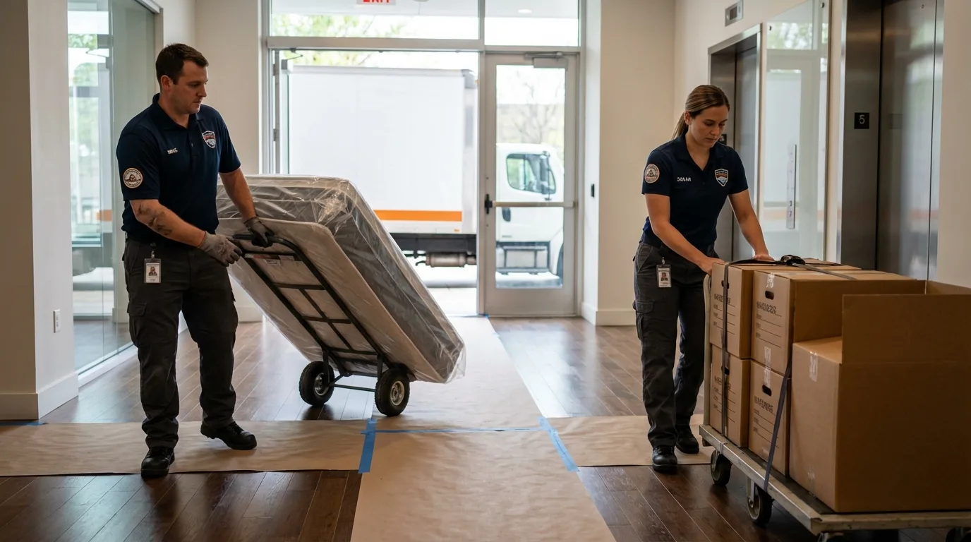 Professional apartment movers loading elevator in Kingsport, TN